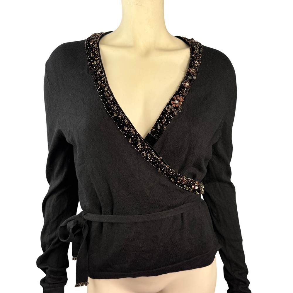 Boston Proper Wrap Sweater Womens M Black Silk Cashmere Beaded Trim Tie Waist